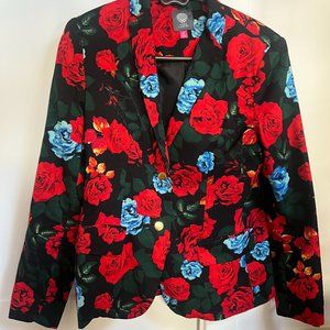 Vince Camuto: Black Red Rose Floral Printed Blazer Jacket in Size 4P